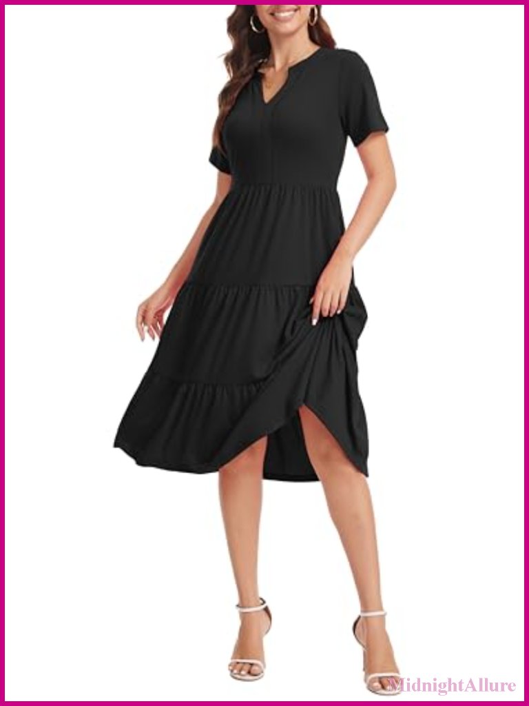 Casual V Neck Flowy Swing Midi Dress With Pockets